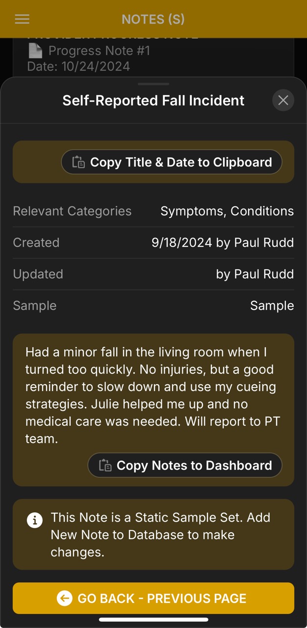 Notes Detail Page (Self-Reported Fall Incident)